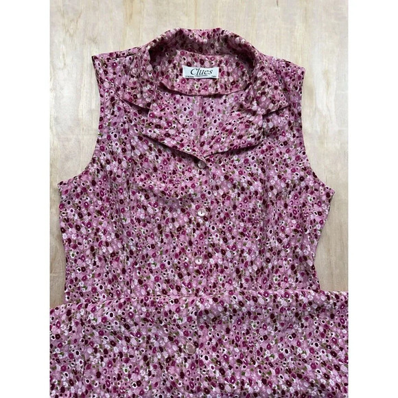 Floral Pink Button Down Sleeveless Dress Parisian Style Vintage - Picture 2 of 6